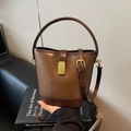 Vintage brown leather bucket bag with gold metal buckle and adjustable shoulder strap - Khaki