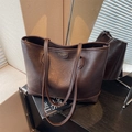 Bolso tote minimalista de cuero PU marrón oscuro de gran capacidad con asas largas - Marrón