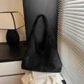 Black faux suede tote bag with hollow out floral design for minimalist fashion style - Black