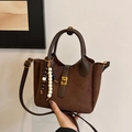 Deep brown suede bucket bag with wooden beads decoration and adjustable shoulder strap - With Charm / Brown
