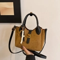 Brown suede bucket bag with black leather handle and wooden bead tassel decoration - With Charm / Khaki