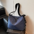 Dark blue checkered canvas tote bag with adjustable shoulder strap and drawstring closure - Haze Blue