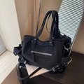 Retro black matte large capacity motorcycle tote bag with metallic stud details - Black