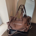 Retro dark brown large capacity tote bag with silver rivets and matte finish for commuting - Coffee