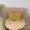 Minimalistische senfgelbe Wildlederhandtasche mit Doppelreißverschluss und Griff - Gelb
