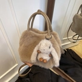 Chic brown faux fur handbag for women with a cute grey bunny plush charm detail - Khaki With Pendant