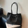Black woven leather tote bag with silver buckle strap and long shoulder straps - Black