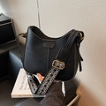 Retro black PU leather bucket bag with geometric patterned wide strap and gold hardware - Black