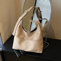 Khaki frosted suede tote bag with wide shoulder strap and gold buckle adjustment - Khaki