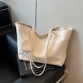 Cream large capacity tote bag in textured faux leather with round coin purse charm - White