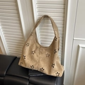 Brown suede hobo bag with laser-cut floral patterns and large capacity style - Khaki