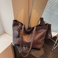 Large dark coffee tote bag in pebbled PU leather with matching round coin purse - Brown