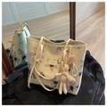 Sac fourre-tout en toile crème avec motif floral noir et breloque lapin - Blanc Cassé avec Charme