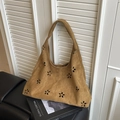Brown frosted suede hobo bag with flower laser cutouts and wide shoulder strap - Brown