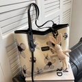 Grand sac cabas en toile beige avec imprimé floral noir et porte-clé lapin - Beige Noir Avec Pendentif