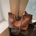 Brown large capacity shoulder tote bag in wrinkled PU leather with a matching coin purse - Brown