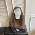 Brown suede tote bag with flower cutout design and minimalist large capacity hobo style - Brown