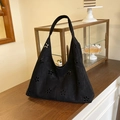 Retro black matte suede hobo bag with laser-cut floral patterns for daily commute - Black