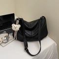 Black matte PU leather dumpling tote bag with silver chain and white bear charm - Black