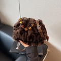 Faux fur leopard bucket bag with amber beaded handle and adjustable leather strap - Leopard Brown