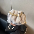 Fuzzy faux fur bucket bag in grey gradient with beaded handle and white shoulder strap - Leopard White