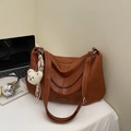 Brown large capacity PU leather tote bag with metal chain and plush bear pendant - Brown