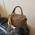 Vintage brown boston style handbag in frosted leather with a unique beaded charm - Brown