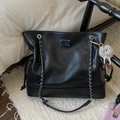 Large black vintage tote bag with silver chain strap and gray plush monster charm - Black with Pendant