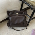 Dark brown retro large tote bag with silver chain handle and plush monster charm decoration - Coffee with Pendant