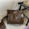 Brown vintage faux leather tote bag with silver chain strap and cute plush charm - Brown with Pendant