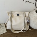 Retro cream white large tote bag with silver chain strap and plush charm - White with Pendant