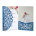 Detail of laser cut lace pocket with floral wedding invitation and RSVP card in blue glitter - Glitter Royal Blue
