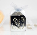 Detailed laser-cut silver candy box with flower patterns and light blue ribbon bow - Reflective Silver
