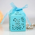 Elegant light blue laser-cut flower candy box with matching silk ribbon for weddings - Turquoise Blue