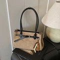Bolso tote vintage de ante marrón con asas de cuero y borla de cuentas de madera - Caqui