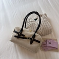 Beige suede shoulder bag with black leather straps and retro gold hardware accents - Khaki No Pendant