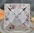 Detailed laser-cut rose pattern on elegant pink wedding invitation card with floral insert - Silver
