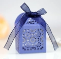 Detailed laser-cut flower patterns on deep blue wedding favor gift box with ribbon - Sapphire Blue