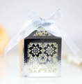 Laser-cut silver favor box with floral patterns and a soft light blue satin ribbon bow - Reflective Silver
