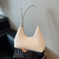 Creamy white woven crescent underarm bag with V-pattern and leather shoulder strap - Off White