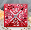Detail of red laser-cut rose wedding invitation card with elegant floral pattern - Pearlescent Red