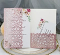 Pink glitter laser cut wedding invitation set with floral card and hollow envelope - Pink