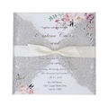 Invito matrimonio glitterato con intaglio laser argento e fiocco in nastro crema - Argento Glitter