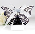 Laser cut butterfly wedding candy box in dark violet with a silver ribbon and base - Reflective Silver