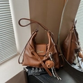 Dark brown hobo tote bag in lychee pattern leather with a cute plush bear charm - With Charm / Brown