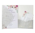 Silver glitter laser cut wedding invitation set with floral inner card and RSVP - Silver Glitter