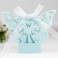 Close-up of light blue laser-cut butterfly gift box with white organza ribbon detail - Light Blue