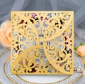 Detailed laser-cut gold floral hollow wedding invitation card with elegant pearlescent finish - Gold