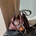 Retro dark brown PU leather tote bag with gold logo and plush bear charm - With Charm / Brown