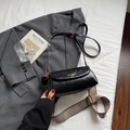 Glossy black oil wax leather crossbody bag with adjustable and vintage patterned straps - Black without Pendant